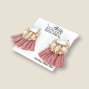 NEW Badgley Mischka Boho Fan Tassel Pink Gold Rhinestone Statement Earrings